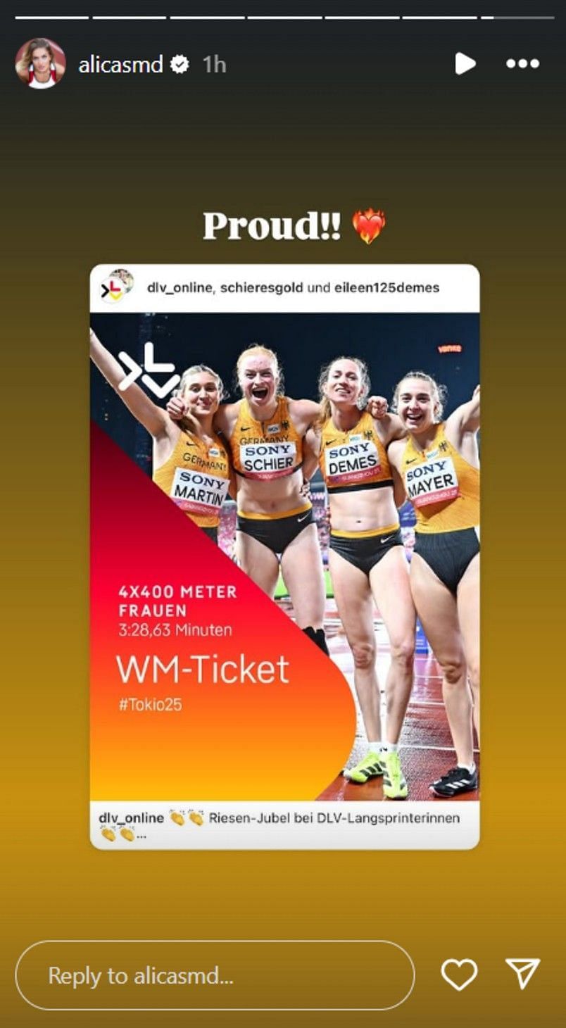 Screenshot of Alica Schmidt Instagram story (@alicasmd/ig)